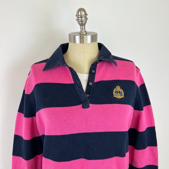 Lauren Ralph Lauren Pink Navy Blue Striped Collared V-Neck Sweater (Sz L) - Picture 4 of 14
